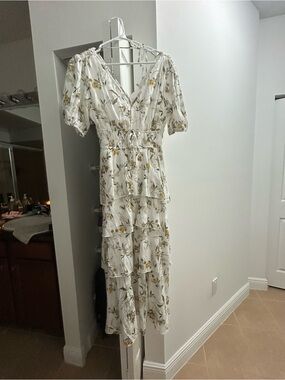 White Floral Tiered Maxi Dress with Puff Sleeves